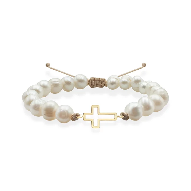 Bratara Aur 14K Premium dama, reglabila - perle de cultura si cruce (12 mm)