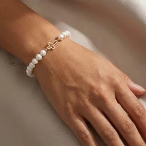 Bratara Aur 14K Premium dama, reglabila - perle de cultura si cruce (12 mm)