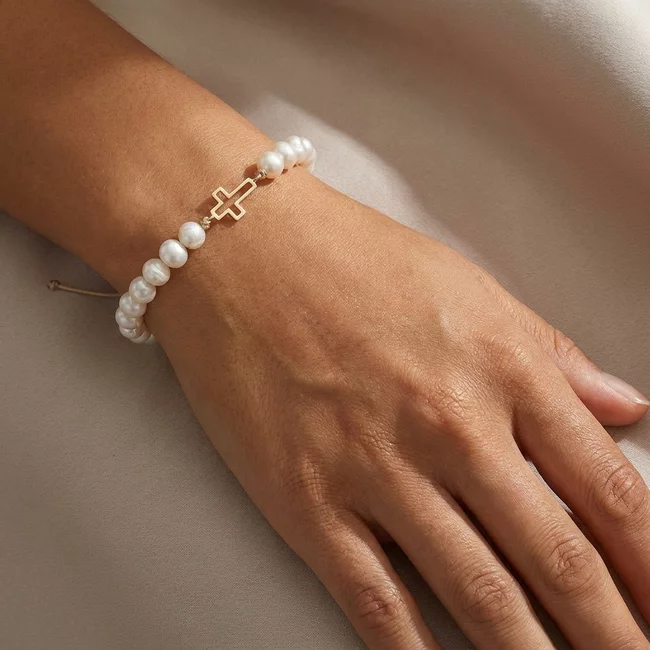 Bratara Aur 14K Premium dama, reglabila - perle de cultura si cruce (12 mm)