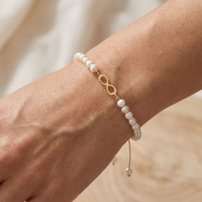 Bratara Aur 14K Premium dama, reglabila - perle de cultura si infinit (11 mm)
