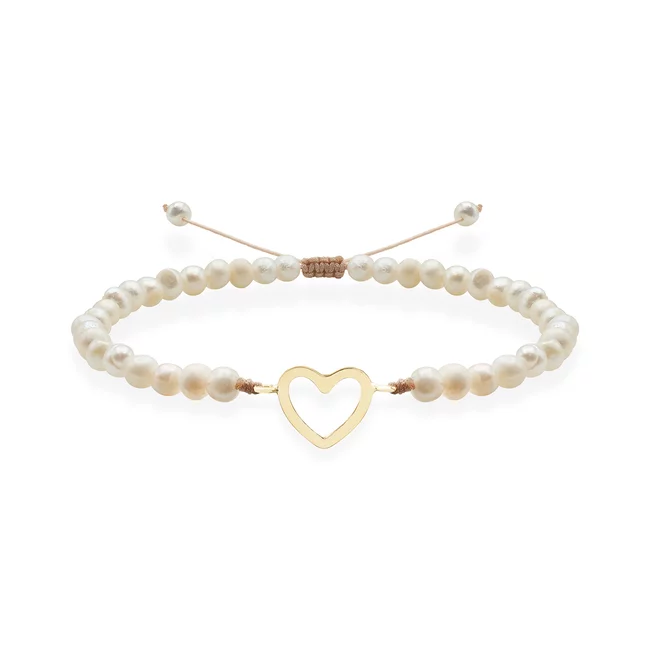 Bratara Aur 14K Premium dama, reglabila - perle de cultura si inima (14 mm)
