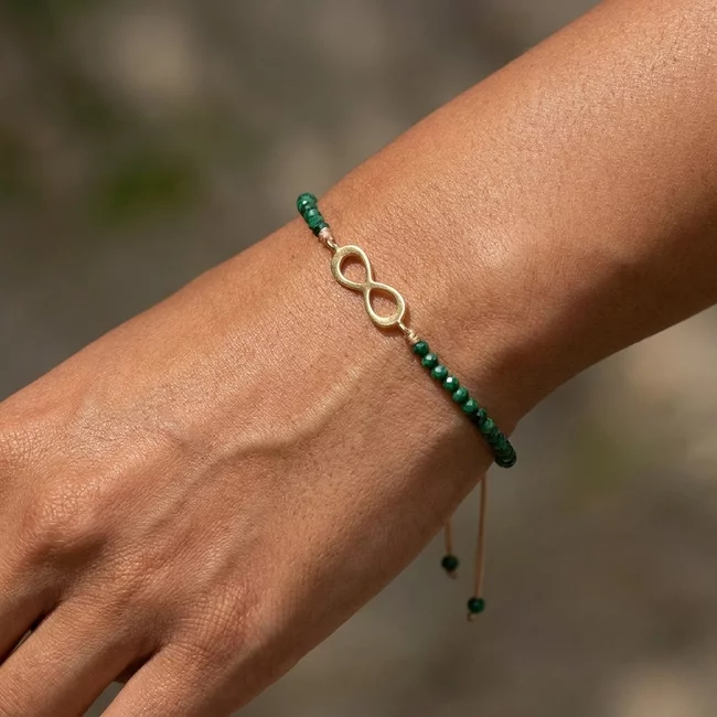Bratara Aur 14K Premium dama, reglablia - malachit si infinit (11 mm)