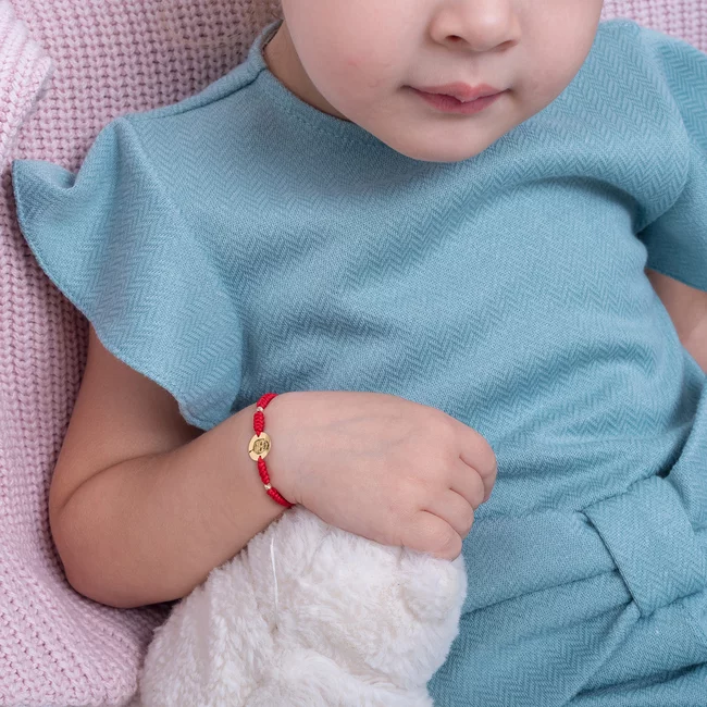 Bratara Aur copii, snur impletit tubular, bilute si banut 10 mm, personalizata cu poza (chipul bebelusului)