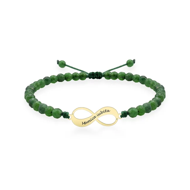 Bratara Aur dama, infinit si pietre semipretioase agat verde smarald fatetat, personalizata (18 mm)