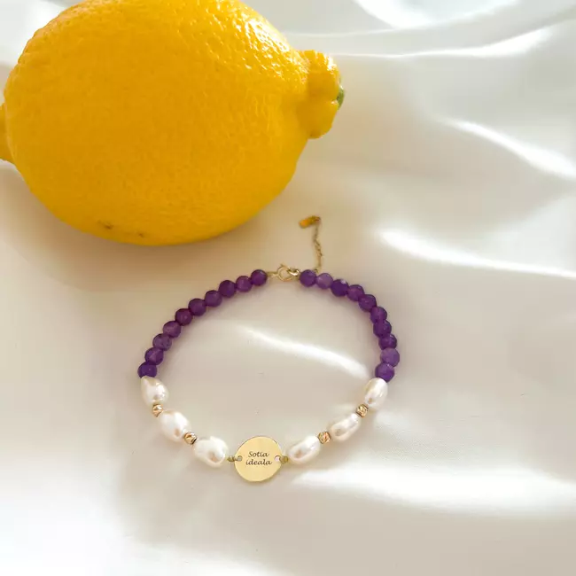Bratara Aur dama, mix perle, bilute, agat mov si banut, personalizata (10 mm)