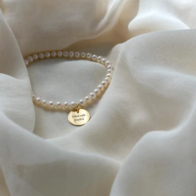Bratara Aur dama, perle naturale si banut, personalizata (12 mm)