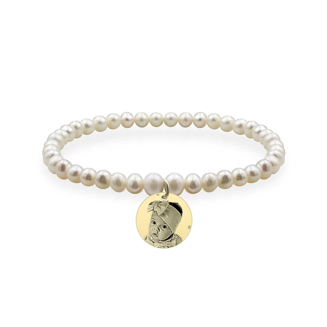 Bratara Aur dama, perle naturale si banut, personalizata cu poza (12 mm)