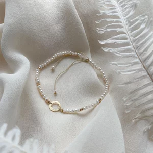 Bratara Aur dama, snur cu bilute, perle si banut trifoi (10 mm)