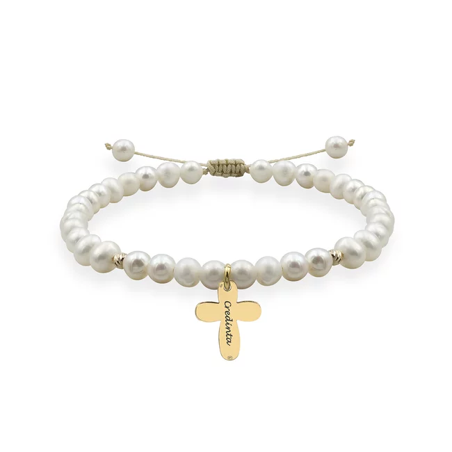 Bratara Aur dama, snur cu bilute, perle si cruce, personalizata (12 mm)