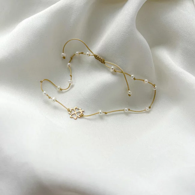 Bratara Aur dama, snur cu perle si trifoi (7 mm)