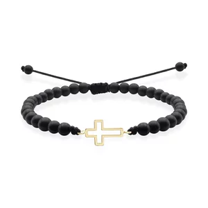 Bratara barbateasca Aur 14K Premium, reglabila - onix si cruce (12 mm)