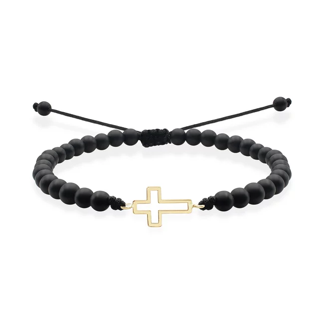 Bratara barbateasca Aur 14K Premium, reglabila - onix si cruce (12 mm)