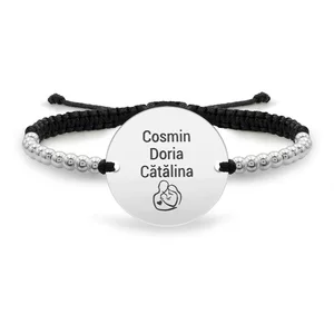 Bratara barbateasca snur impletit si bilute banut 22 mm personalizat gravura text Argint