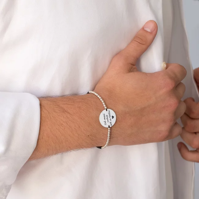 Bratara barbateasca snur impletit si bilute banut 22 mm personalizat gravura text Argint