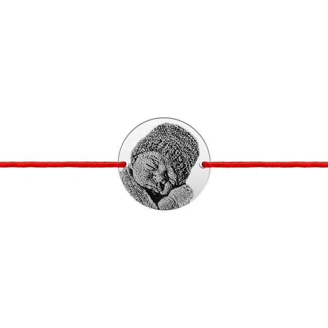 Bratara bebe snur rosu, banut Argint personalizat cu poza (10 mm)