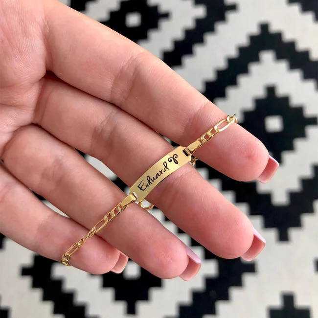 Bratara cu lant si placuta rotunjita 20 mm personalizata gravura text Aur 14K (prindere reglabila nou-nascut - 8 ani) picture - 3