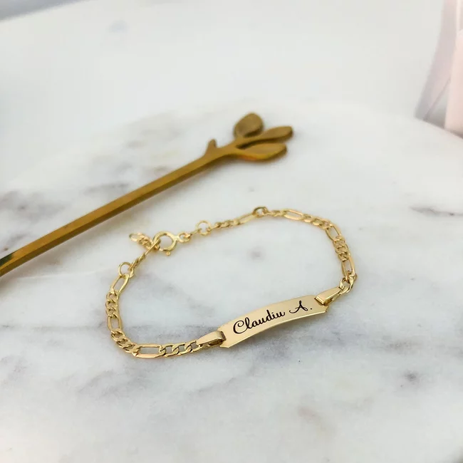 Bratara cu lant si placuta rotunjita 20 mm personalizata gravura text Aur 14K (prindere reglabila nou-nascut - 8 ani) picture - 5