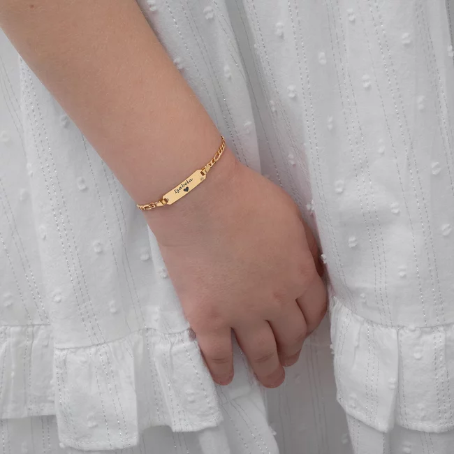Bratara cu lant si placuta rotunjita 20 mm personalizata gravura text Aur 14K (prindere reglabila nou-nascut - 8 ani)