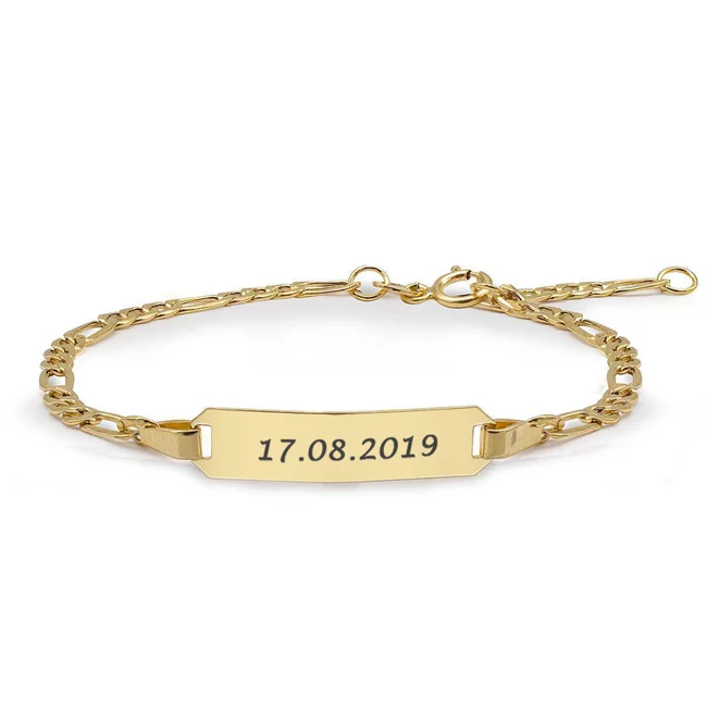 Bratara cu lant si placuta rotunjita 20 mm personalizata gravura text Aur 14K (prindere reglabila nou-nascut - 8 ani)