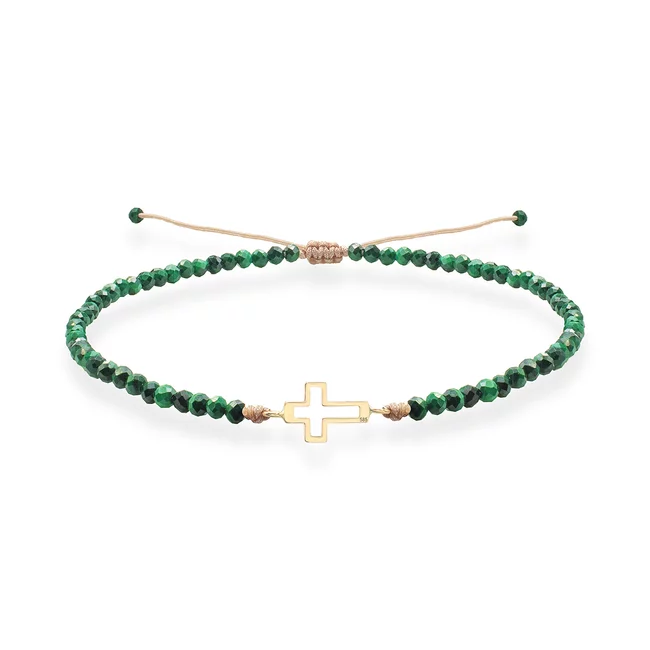 Brățară Damă Aur 14K Premium - Cruce decupată și malachit 12mm