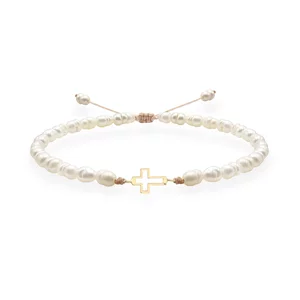 Brățară Damă Aur 14K Premium - Cruce decupată și perle de cultura 12mm
