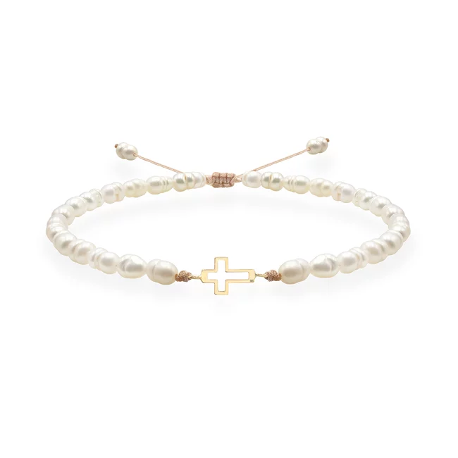 Brățară Damă Aur 14K Premium - Cruce decupată și perle de cultura 12mm