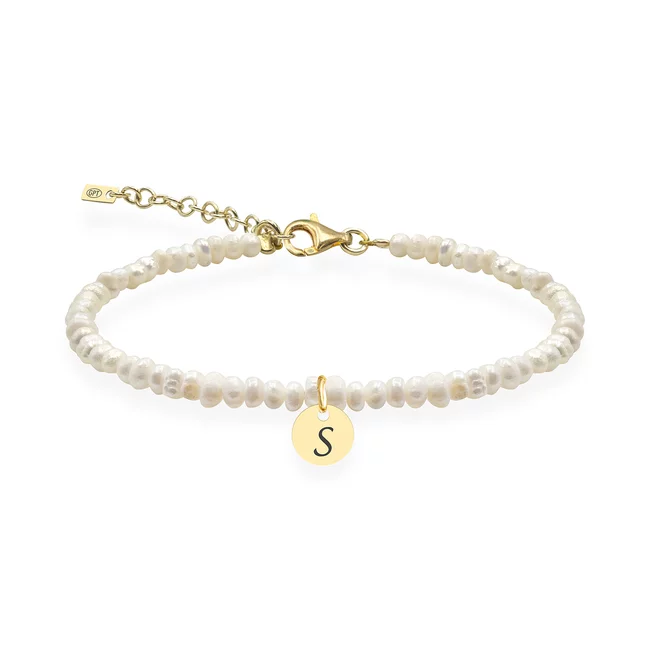 Brățară damă din Argint 925 Premium – bănuț și perle de cultură, personalizată cu inițială (6 mm)