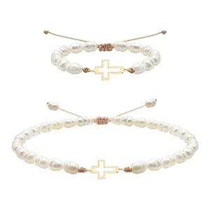 Brățară Damă și Copil din Aur 14K Premium - Cruce decupată și perle de cultura 12mm