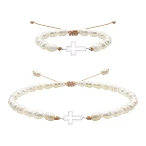 Brățară Damă și Copil din Aur 14K Premium - Cruce decupată și perle de cultura 12mm