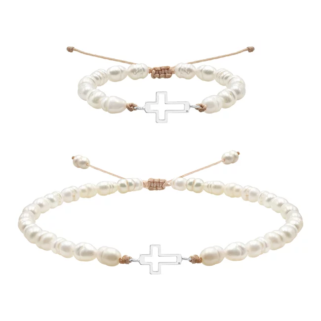 Brățară Damă și Copil din Aur 14K Premium - Cruce decupată și perle de cultura 12mm