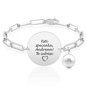 Bratara lant Hardwear cu perla si banut Argint, personalizata (19 mm)