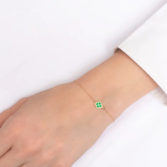 Brățară Mărțișor Aur 14K Premium - Trifoi cu Email 7mm