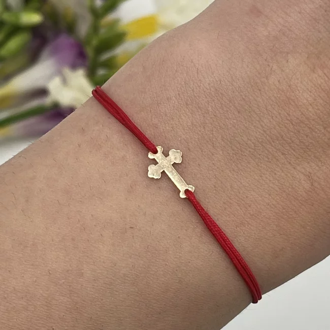 Bratara Martisor Aur 14K, snur si cruce dantelata, personalizata cu textul Credinta (12 mm)