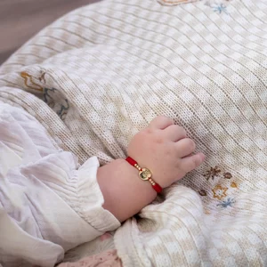 Bratara Aur bebelusi, snur impletit cu bilute si banut 10 mm, personalizata cu poza (chipul bebelusului)