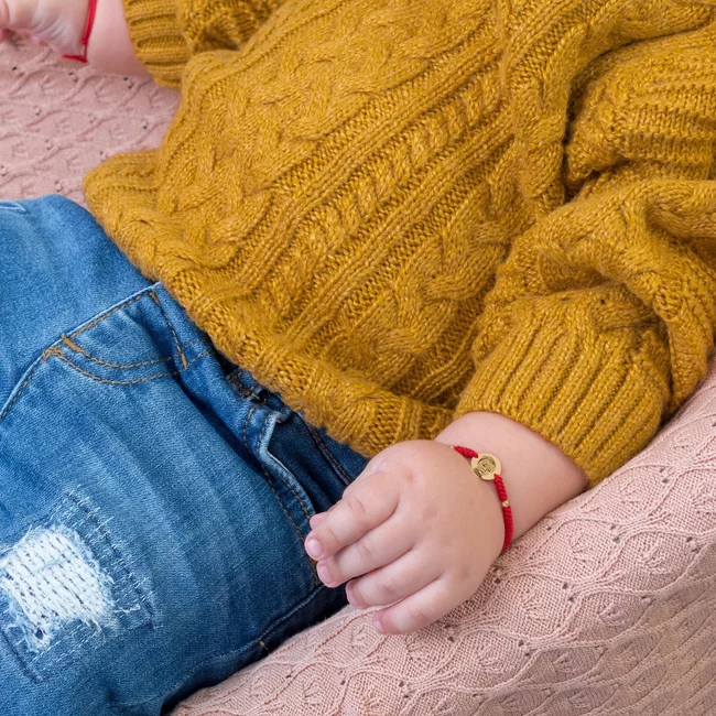 Bratara bebe si copil snur impletit tubular, bilute si banut Aur 14K, personalizat cu poza (chipul bebelusului) (10 mm)