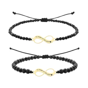 Bratari cuplu Aur 14K Premium, snur reglabil, onix,spinel si infinit, personalizate cu text ( 18 mm)