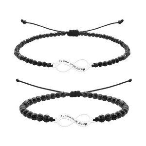 Bratari cuplu Aur 14K Premium, snur reglabil, onix,spinel si infinit, personalizate cu text ( 18 mm)