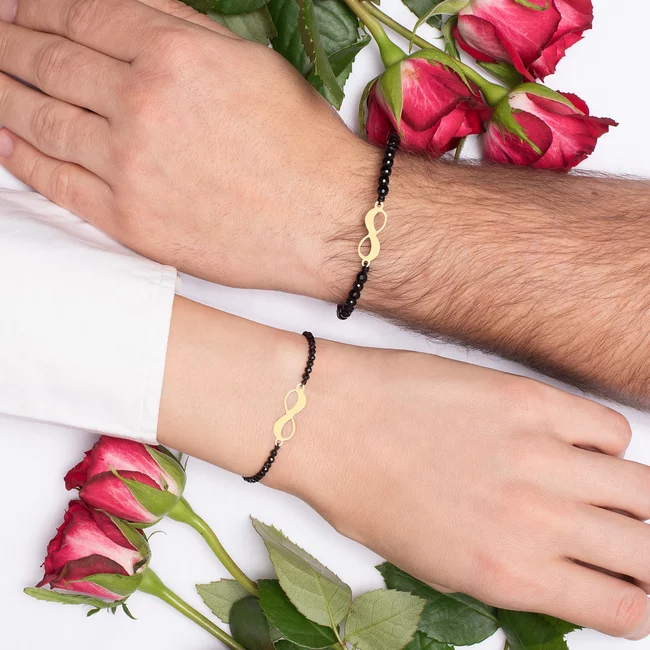 Bratari cuplu Aur 14K Premium, snur reglabil, onix,spinel si infinit, personalizate cu text ( 18 mm)