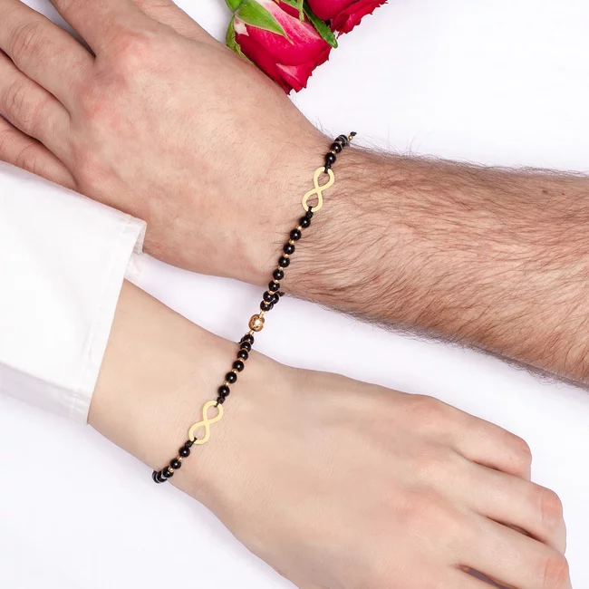 Bratari cuplu, Argint 925 Premium, snur reglabil,onix,bilute argint si infinit (17 mm)