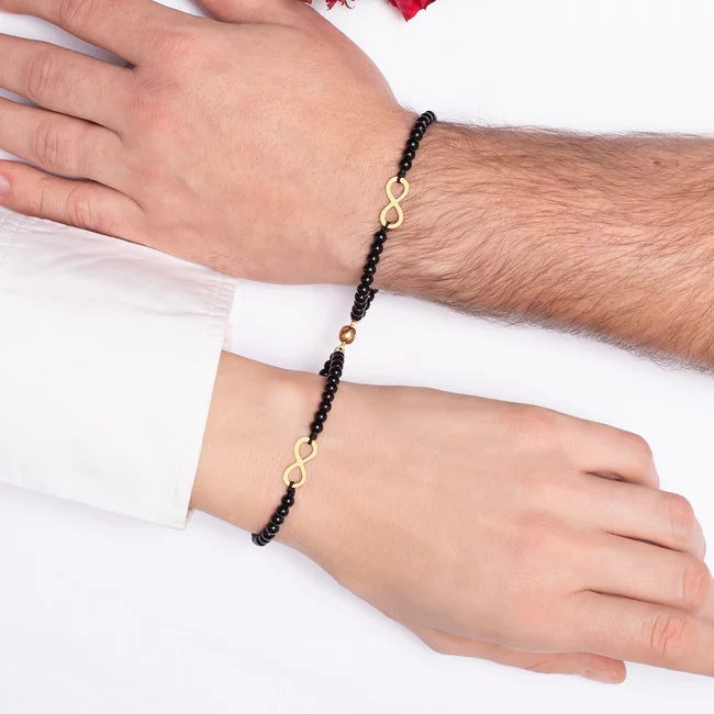 Bratari cuplu, Argint 925 Premium, snur reglabil,onix si infinit (17 mm)