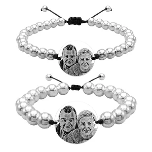 Bratari cuplu Argint, snur cu bilute si banut, personalizate cu poza (17 mm si 22 mm)
