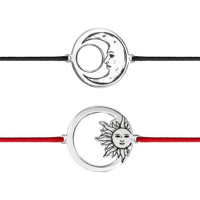 Bratari cuplu Argint, snur reglabil si cerc cu soare si luna, model predefinit (17 mm)