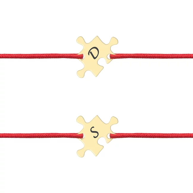Bratari cuplu Aur, snur reglabil si puzzle, personalizate initiale (13 mm)