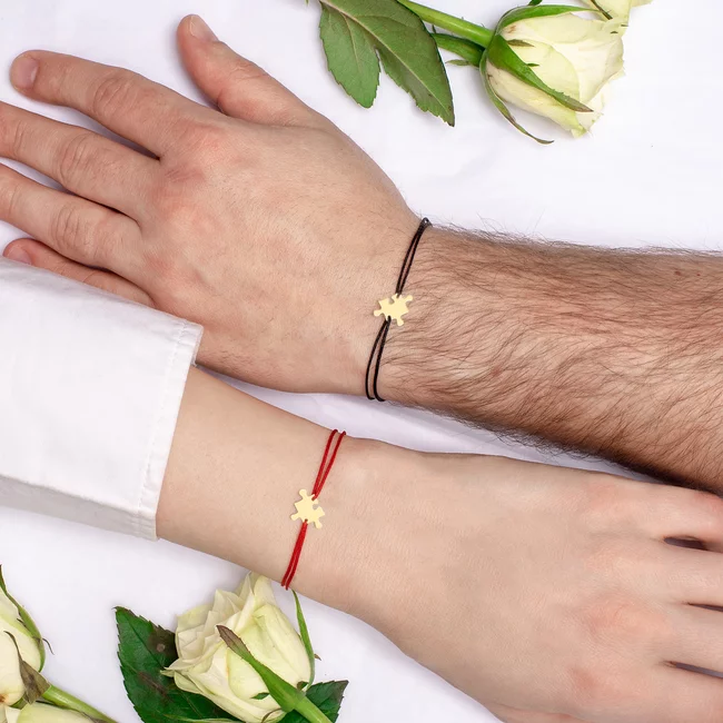 Bratari cuplu Aur 14K Premium, snur reglabil si piese de puzzle, personalizate cu initale (13 mm )