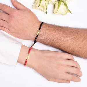 Bratari de cuplu, Argint 925 Premium, snur reglabil, onix, coral si infinit (17 mm)