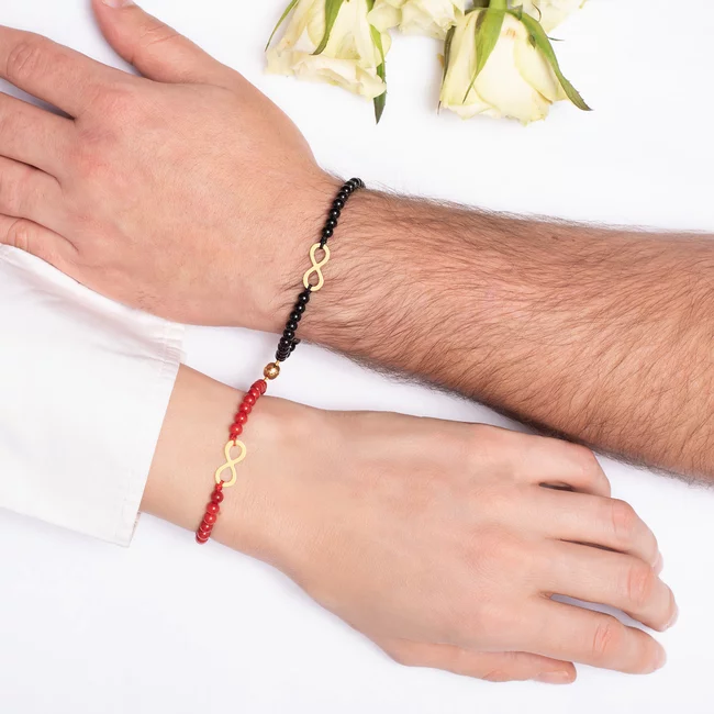 Bratari de cuplu, Argint 925 Premium, snur reglabil, onix, coral si infinit (17 mm)