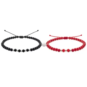 Bratari de cuplu, Argint 925 Premium, snur reglabil, onix si coral, bilute din argint (2,5 mm)