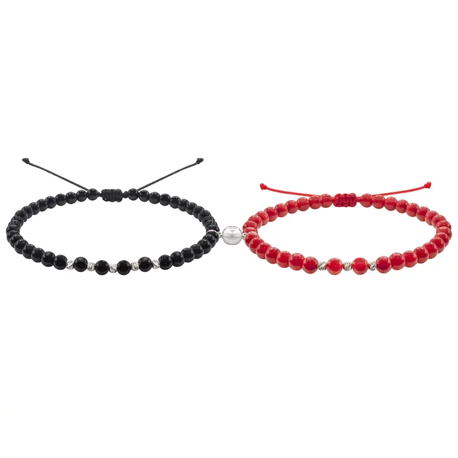 Bratari de cuplu, Argint 925 Premium, snur reglabil, onix si coral, bilute din argint (2,5 mm)