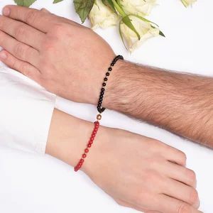 Bratari de cuplu, Argint 925 Premium, snur reglabil, onix si coral, bilute din argint (2,5 mm)