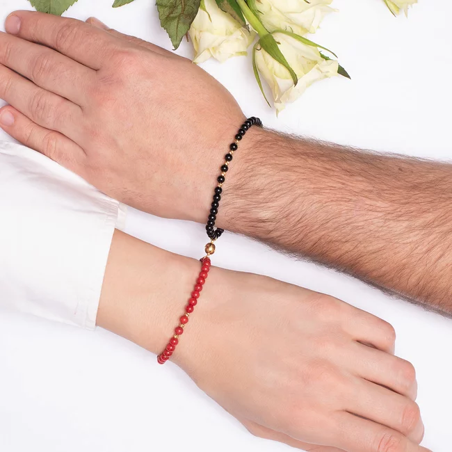 Bratari de cuplu, Argint 925 Premium, snur reglabil, onix si coral, bilute din argint (2,5 mm)